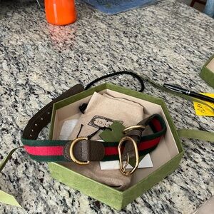 Gucci Dog Collier with green and red striped with gold accents